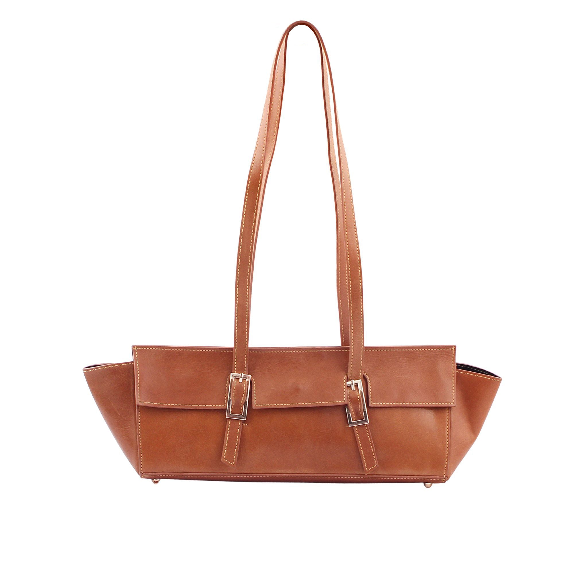 Tan Double Strap Buckled Leather Bag