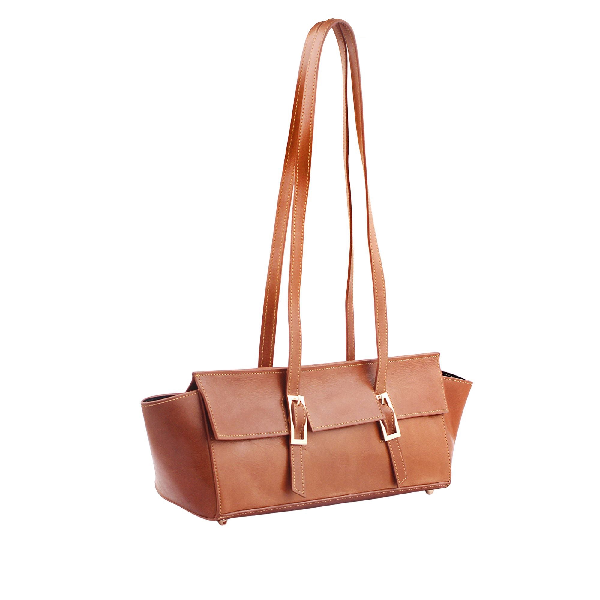 Tan Double Strap Buckled Leather Bag