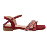 Red Rhinestone Ankle Strap Flat