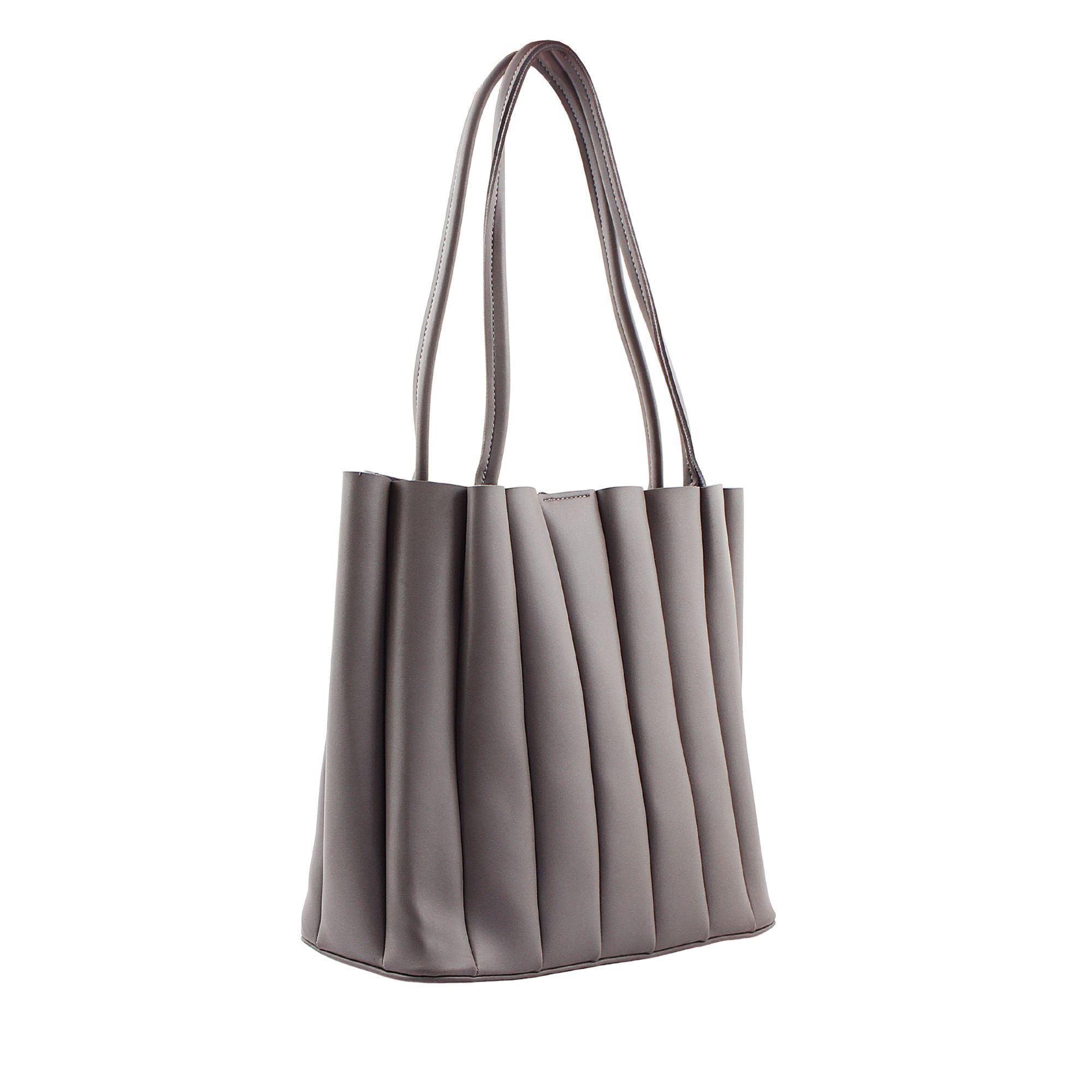 Grey Pleated Leather Tote Bag