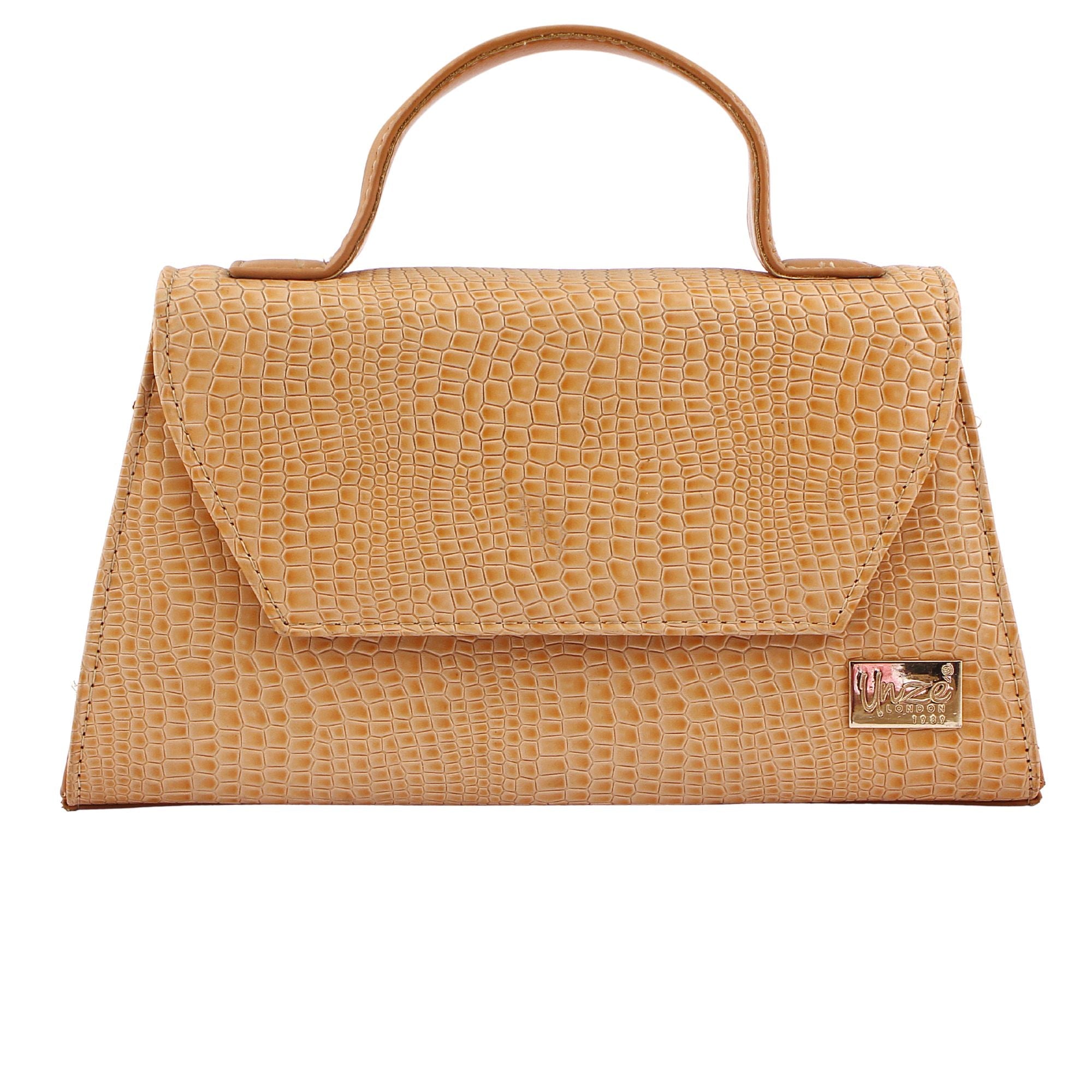 Camel Croc-Embossed Flap Handbag
