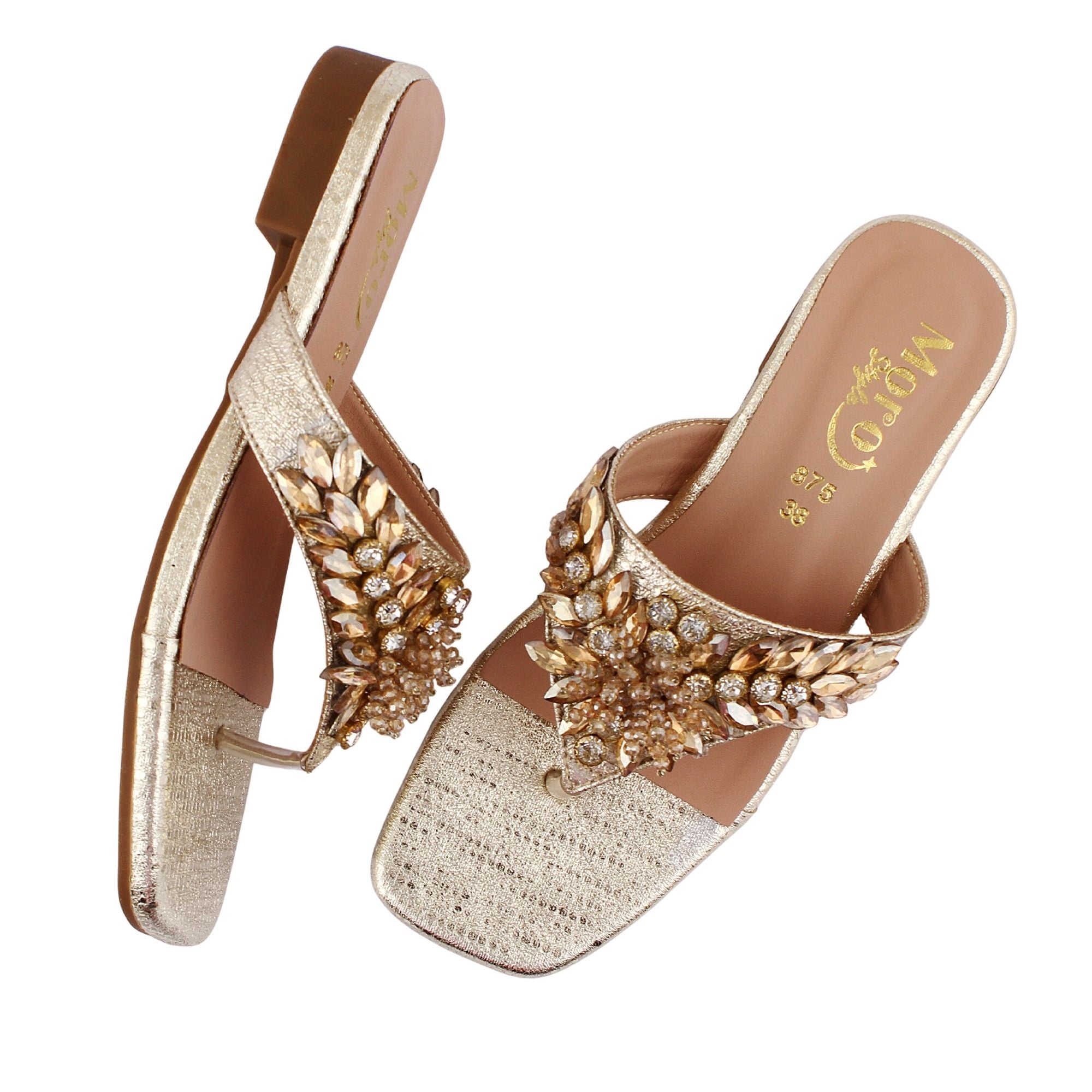 Gold Floral Studded Toe-Ring Flat