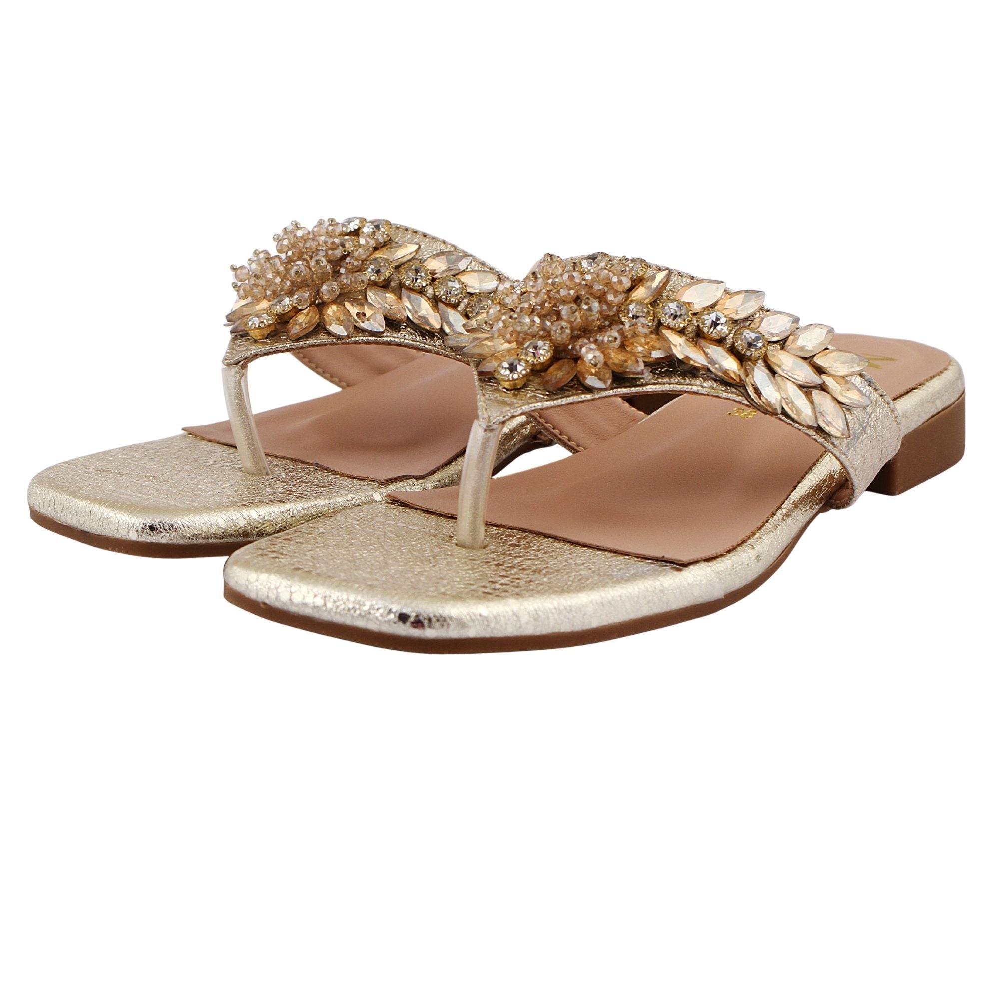 Gold Floral Studded Toe-Ring Flat