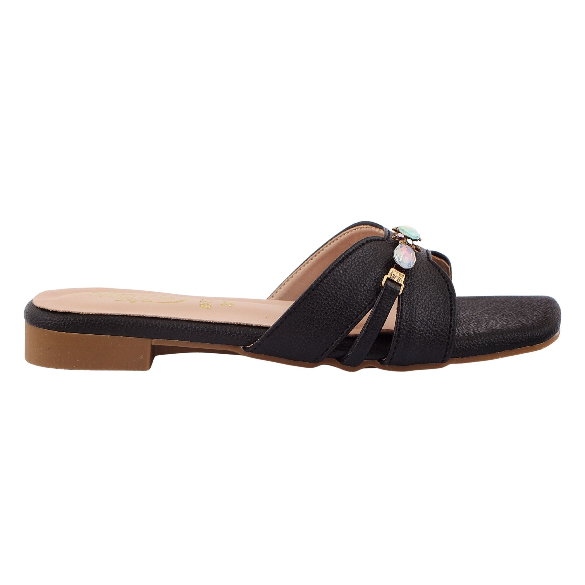 Black Multi-Stone Strap Flat