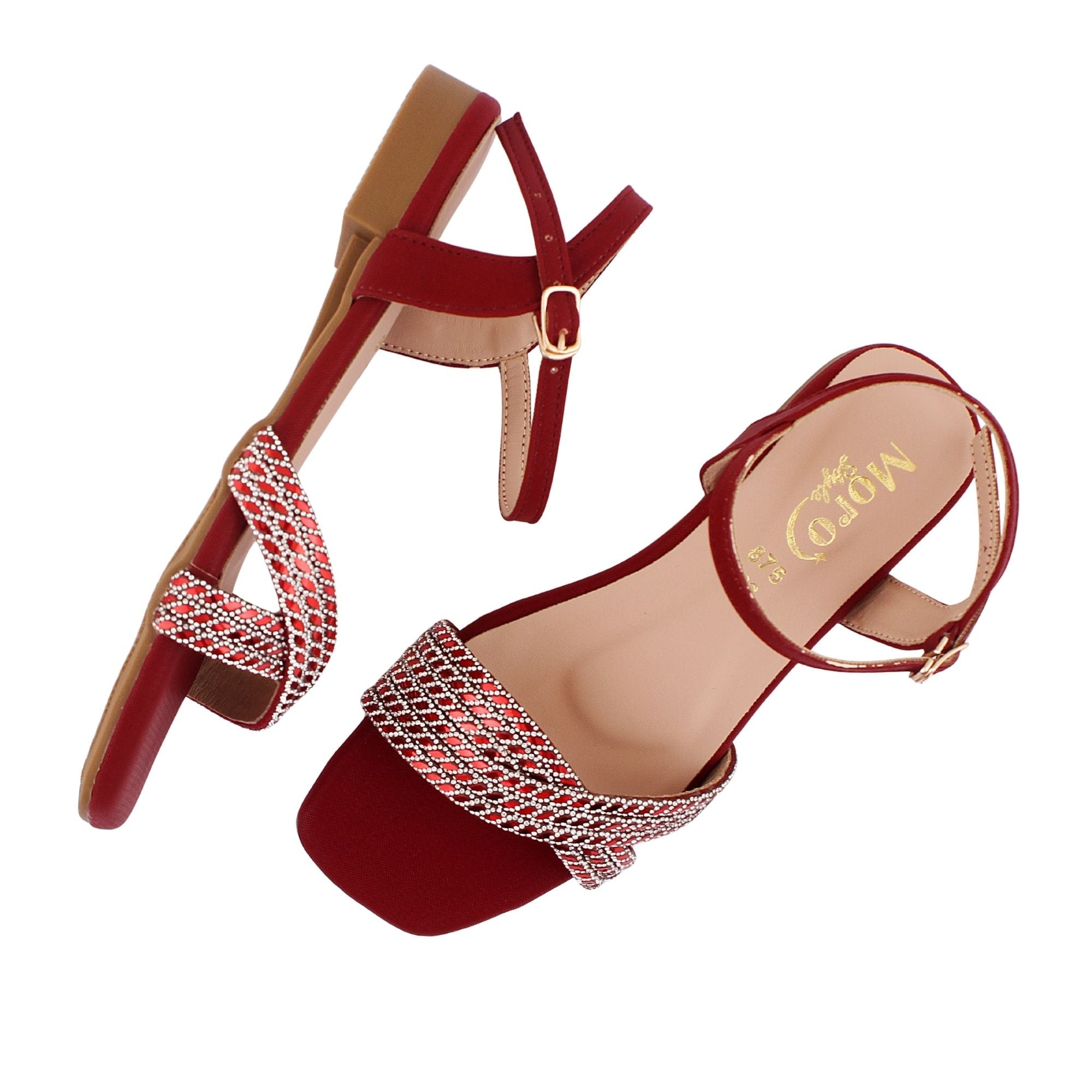 Red Rhinestone Ankle Strap Flat