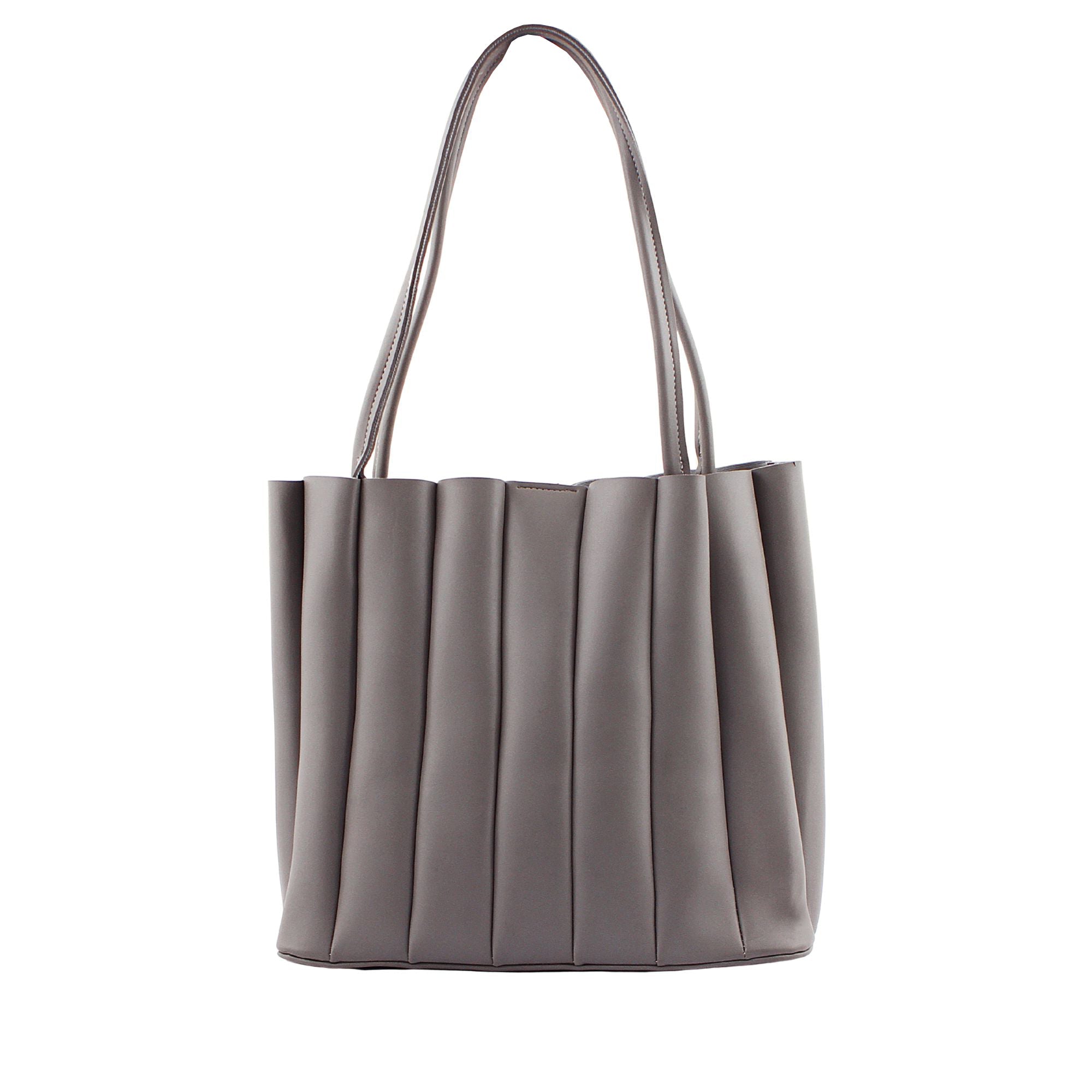 Grey Pleated Leather Tote Bag