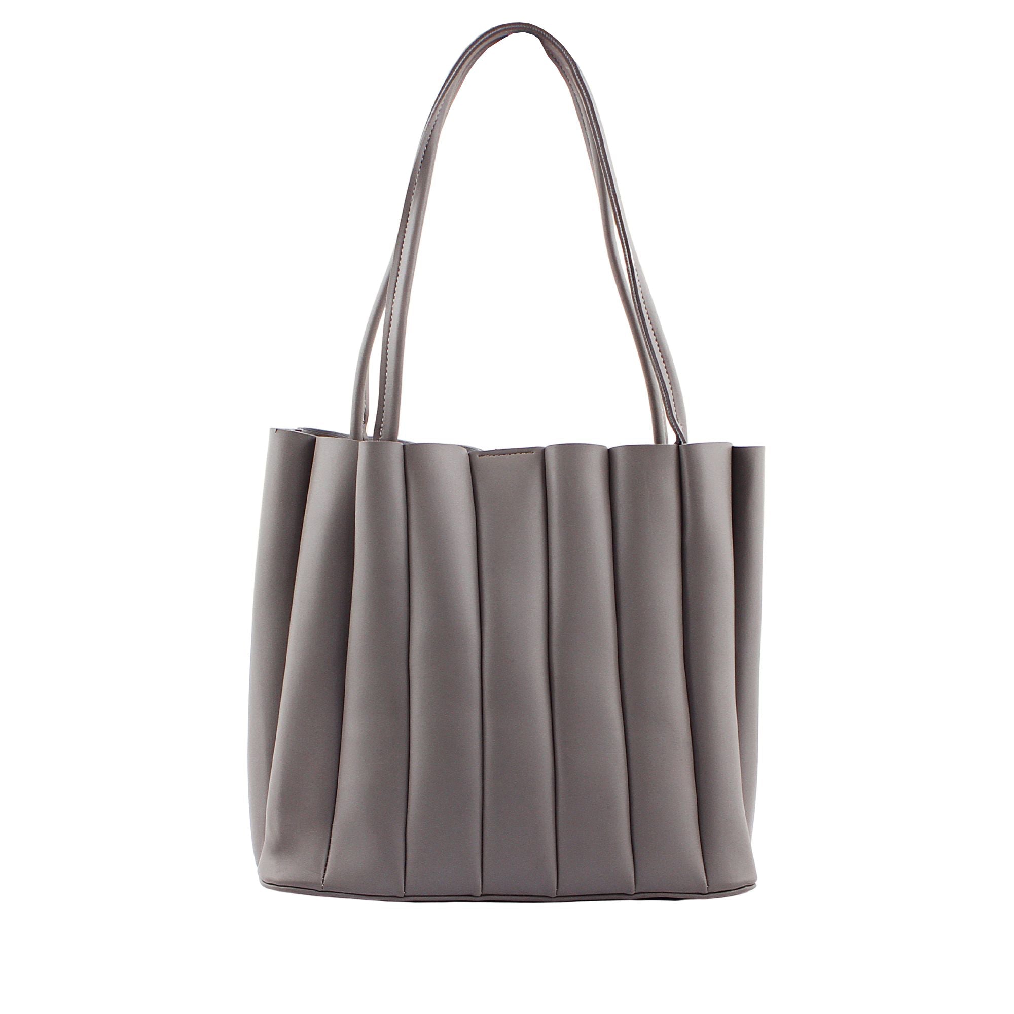Grey Pleated Leather Tote Bag