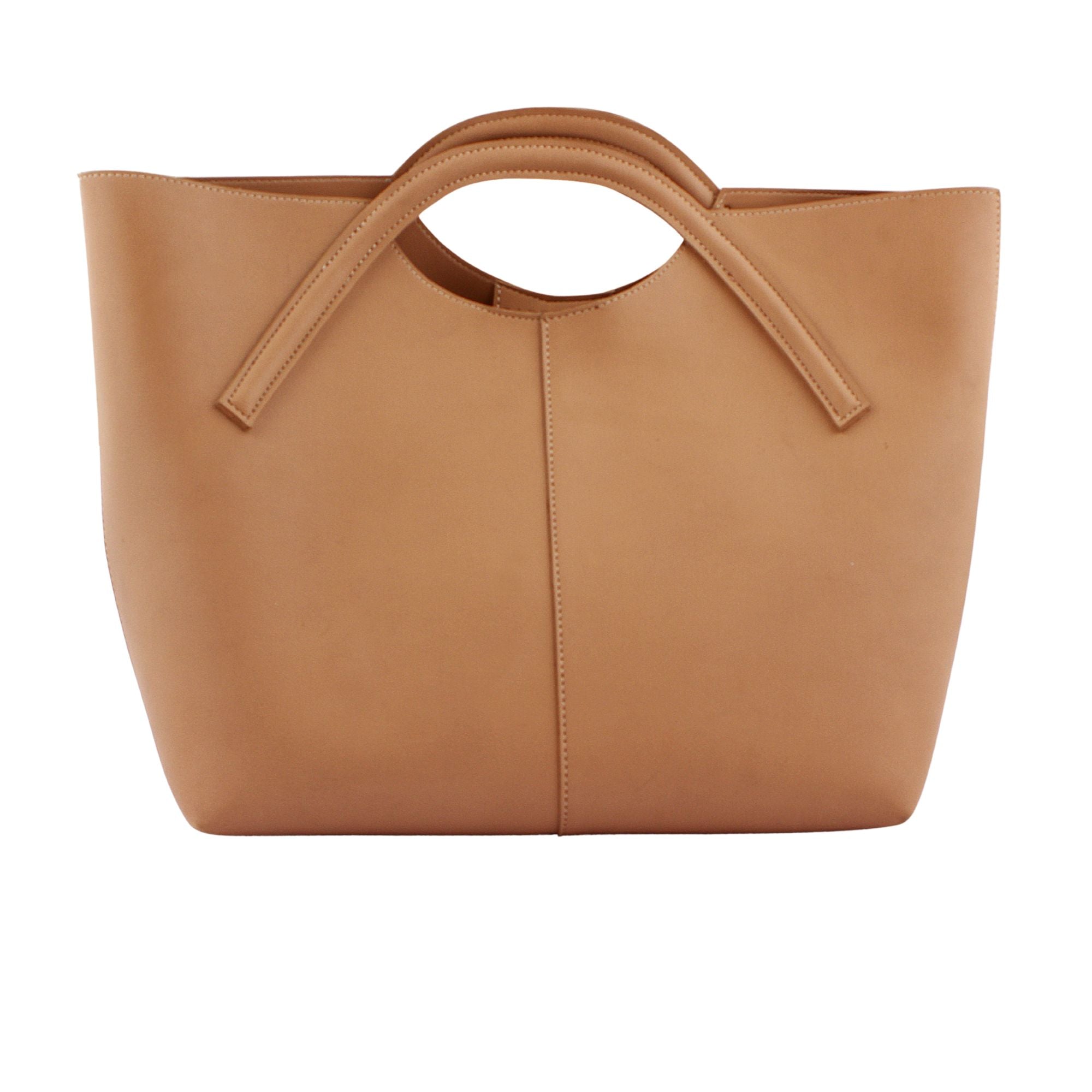 Tan Curved Handle Structured Tote Bag