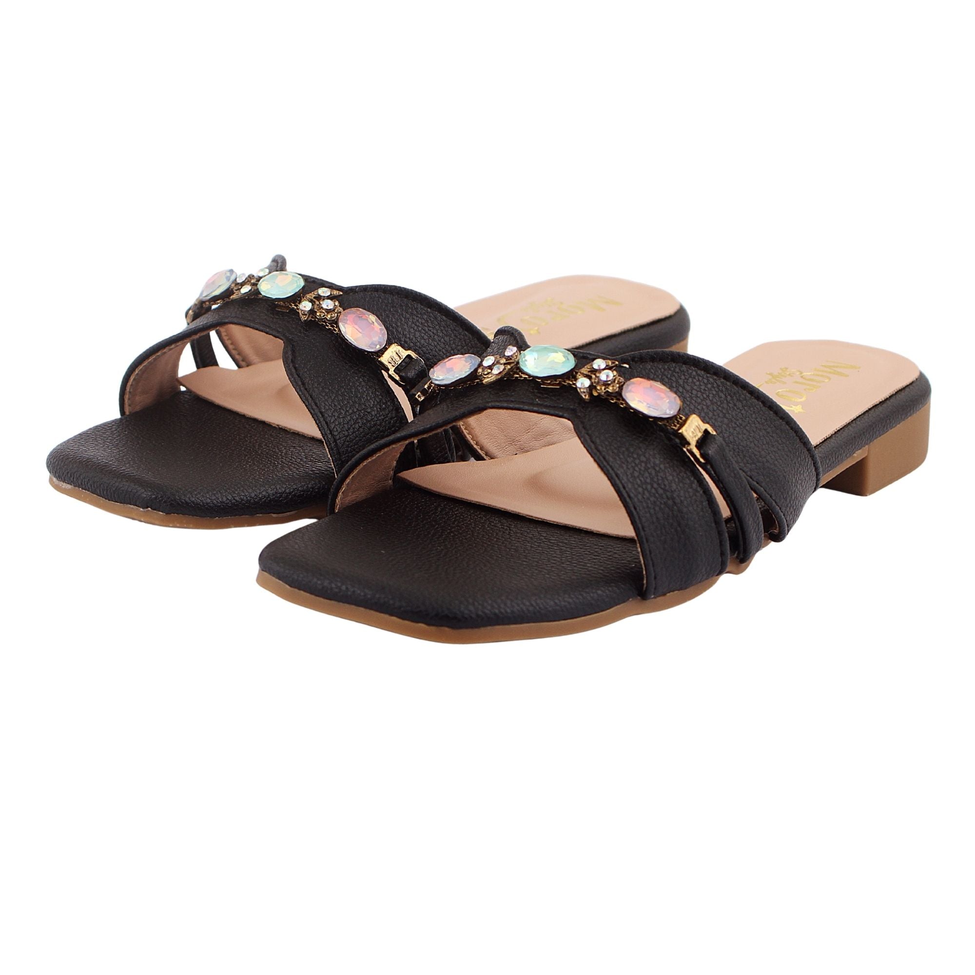 Black Multi-Stone Strap Flat