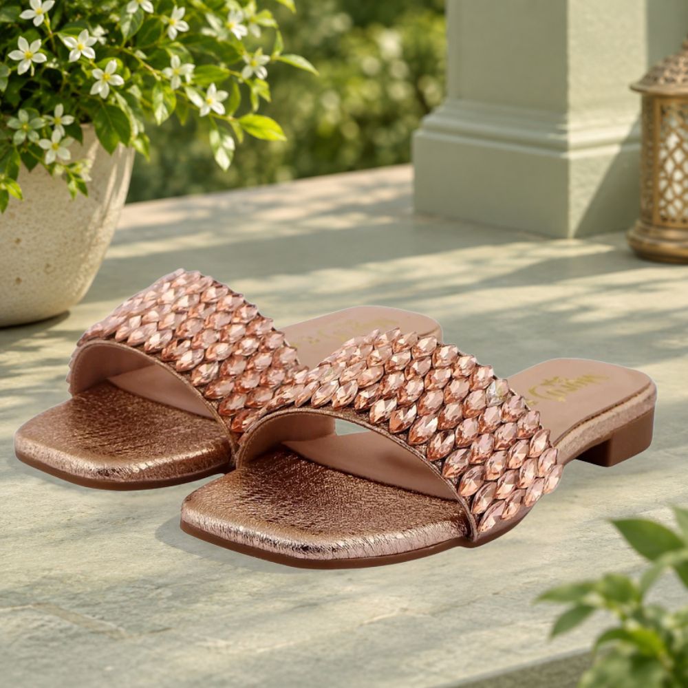 Rose Gold Beaded Wide Strap Flat