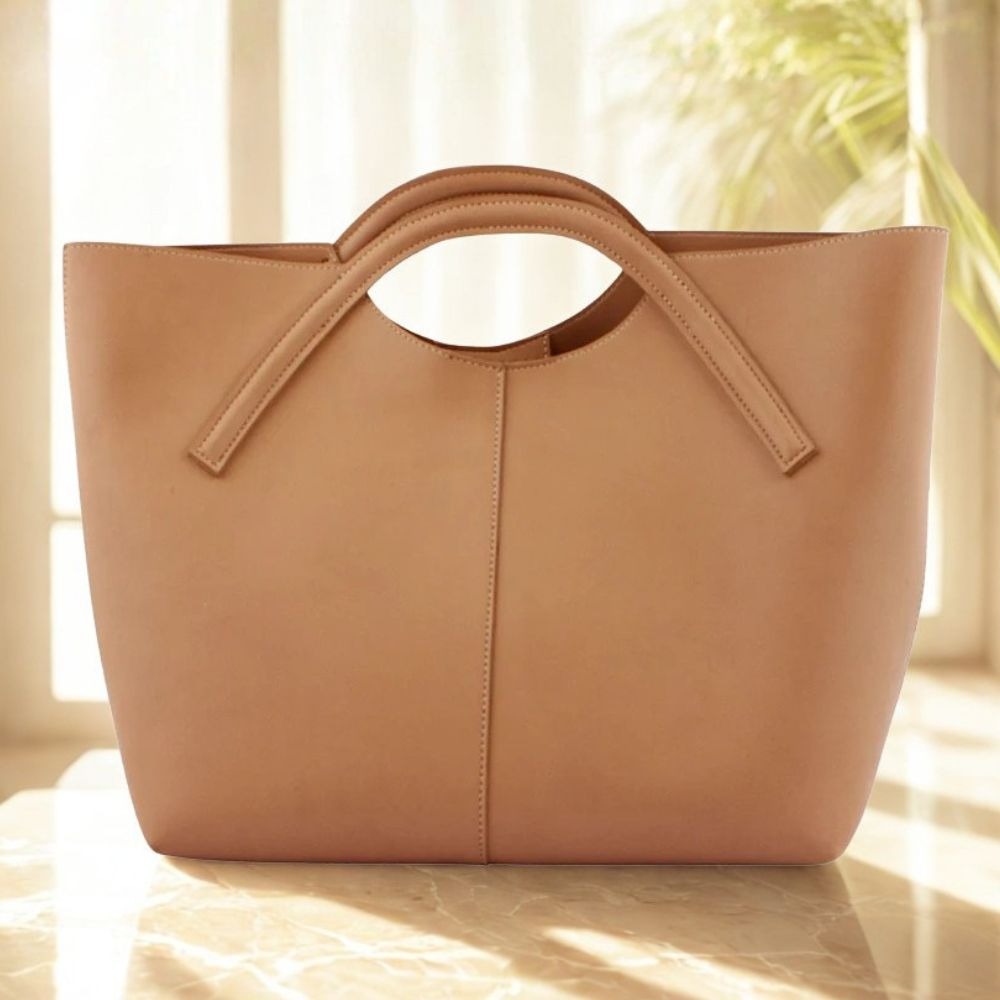 Tan Curved Handle Structured Tote Bag